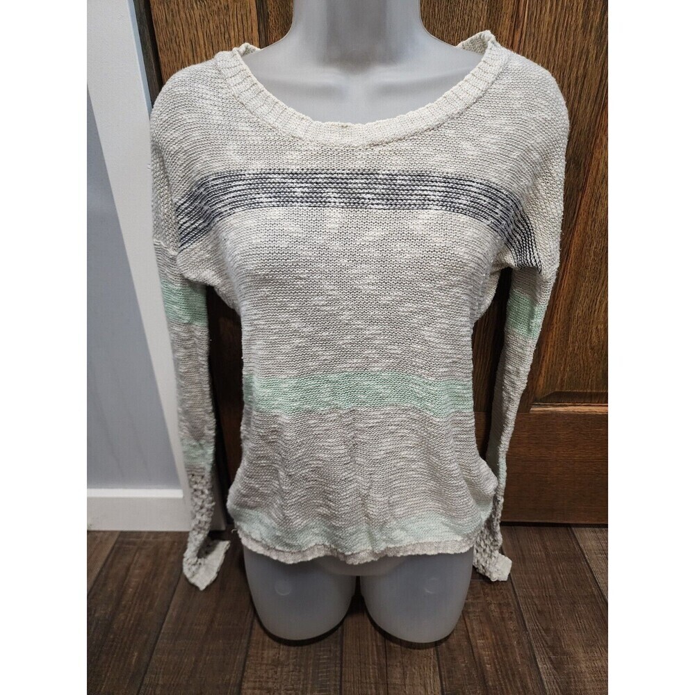 Maurices Small Striped Grey Mint Open Knit  Long Sleeve Pullover Sweater